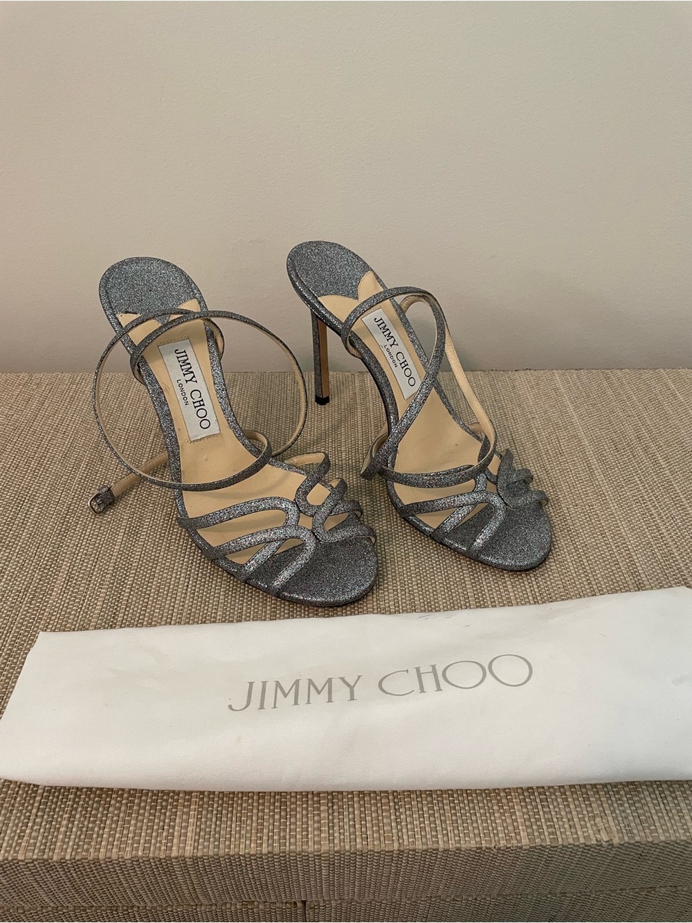 Jimmy Choo Mimi 100 Glitter Ankle Wrap Strappy Sandal Heels